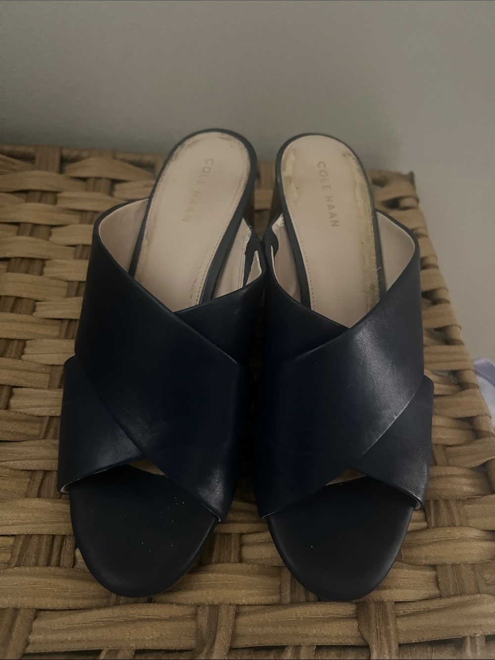 Cole Haan Navy Leather Crisscross Mule Slides